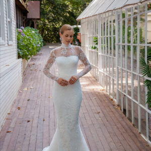 Elegant High Neck Lace Wedding Dress with Detachable Overskirt